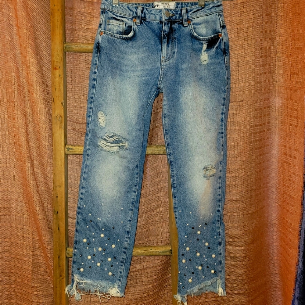 Free People Cropped Pearl Denim Raw Hem Jeans